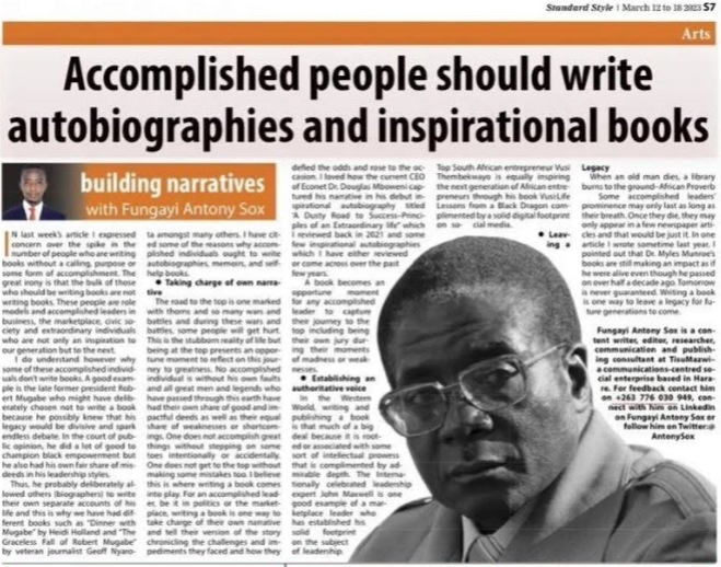 Standard Style feature headlined "Accomplished people should write autobiographies and inspirational books", from the Building Narratives column.